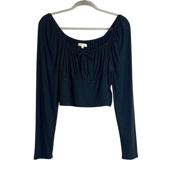 Madewell Ribbed Square-Neck Long-Sleeve Top Size XL Black Cropped Boho Castle - Picture 1 of 6
